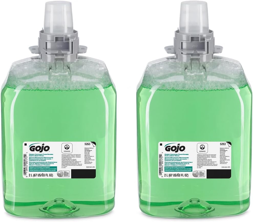 GOJO Green Certified Foam Hand, Hair & Body Wash, Cucumber Melon Scent, 2000 mL Refill FMX-20 Push-Style Dispenser (Pack of 2) - 5263-02