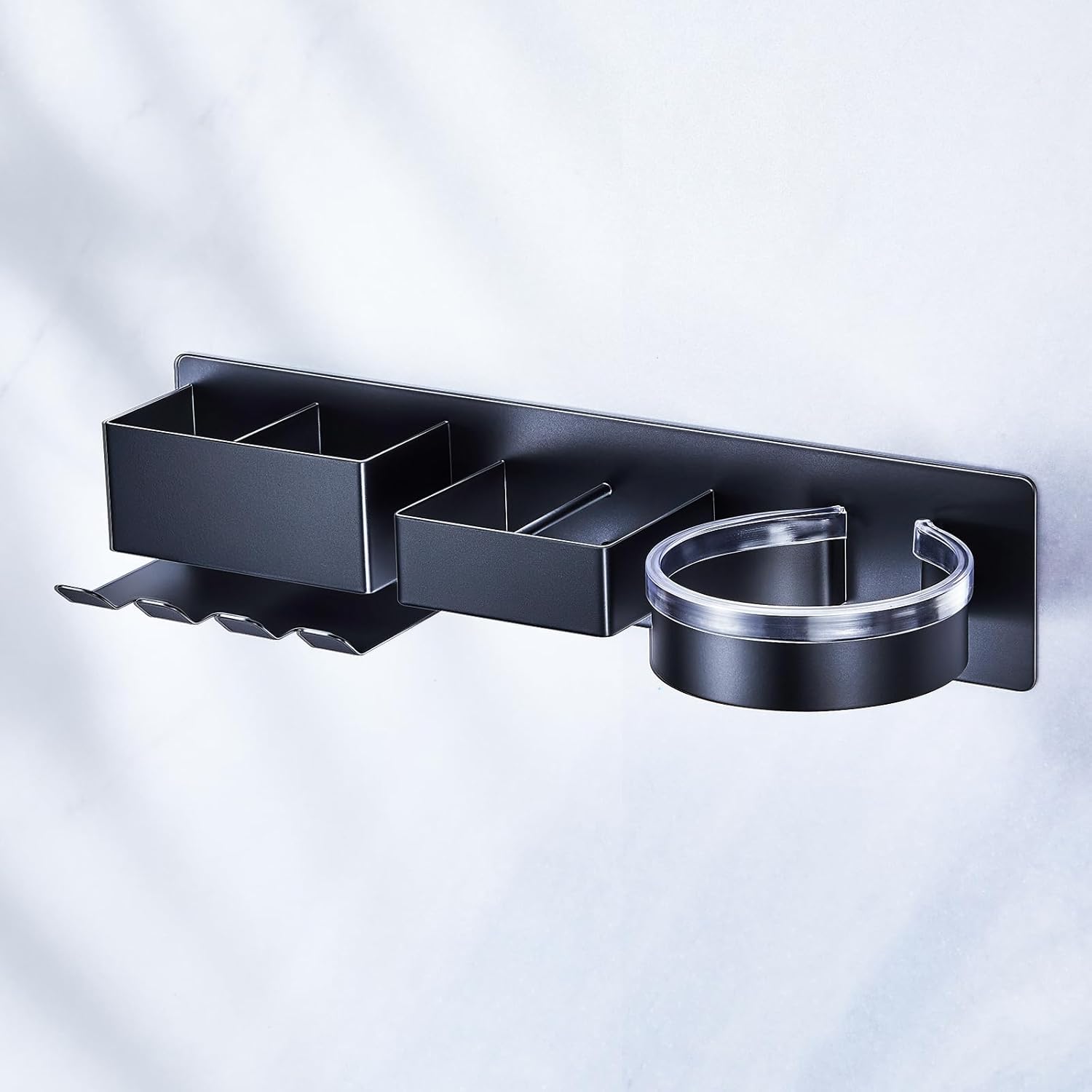 Hair Straightener Holder Wall Mounted, Blow Dryer and Curling Iron Holder, Hairdryer Holder for Bathroom, Adhesive Hair Dryer Holder Hair Tools Organizer with Plug Hook Storage (Black)