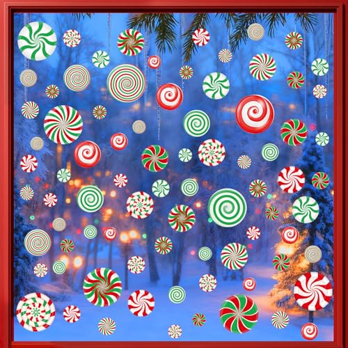 Amiya 81PCS Christmas Window Clings Peppermint Candy Windows Stickers Colorful