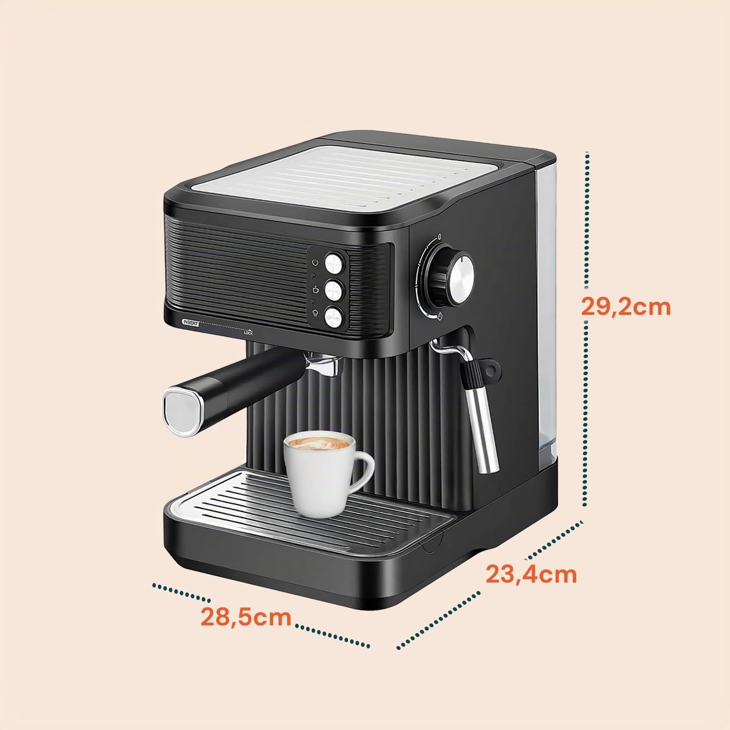 Wintem - Macchina Caffè 850W per Espresso Intenso con Filtro in Acciaio Inossidabile, Serbatoio da 2L e Compatibilità con Caffè Macinato e Cialde, Uso Facile e Design Compatto Nera