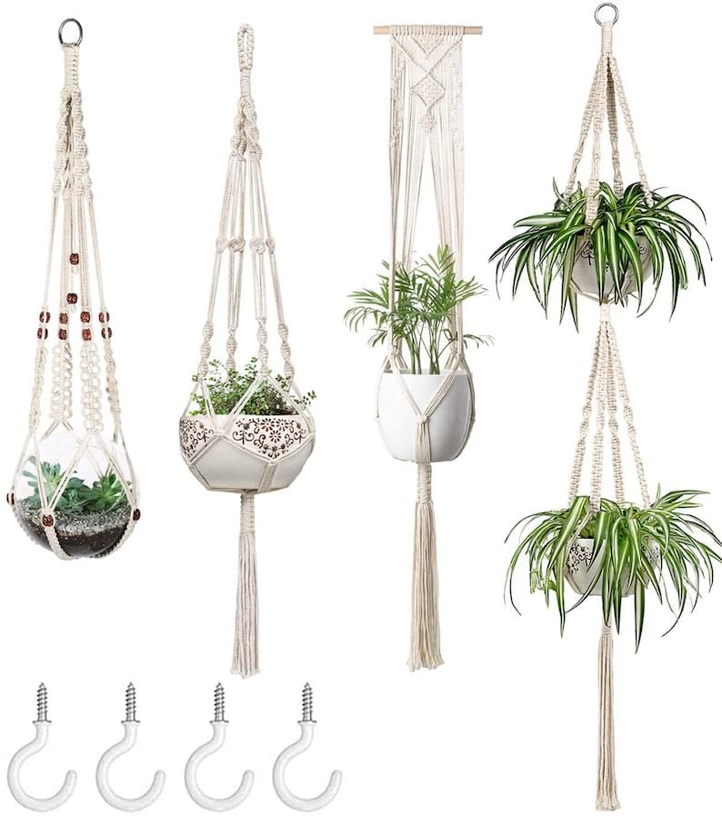 Aain Macrame Cotton Wall Plant Hanger without Pot & Pack of 4| Ceiling Hook Hanger, Rope Flower Pot Holder for Indoor Outdoor Balcony Garden | Home Decor Flower Planter (White)