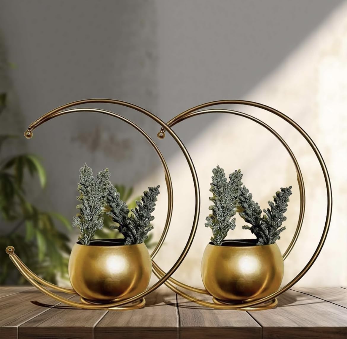 ARS Handicraft Metal Geometric Design Vase with Gold Finish Pack of 2 - Table Decorative Moon Shape Flower Pot Moon Vase for Living Room (Size 24 x 24cm)-image-44