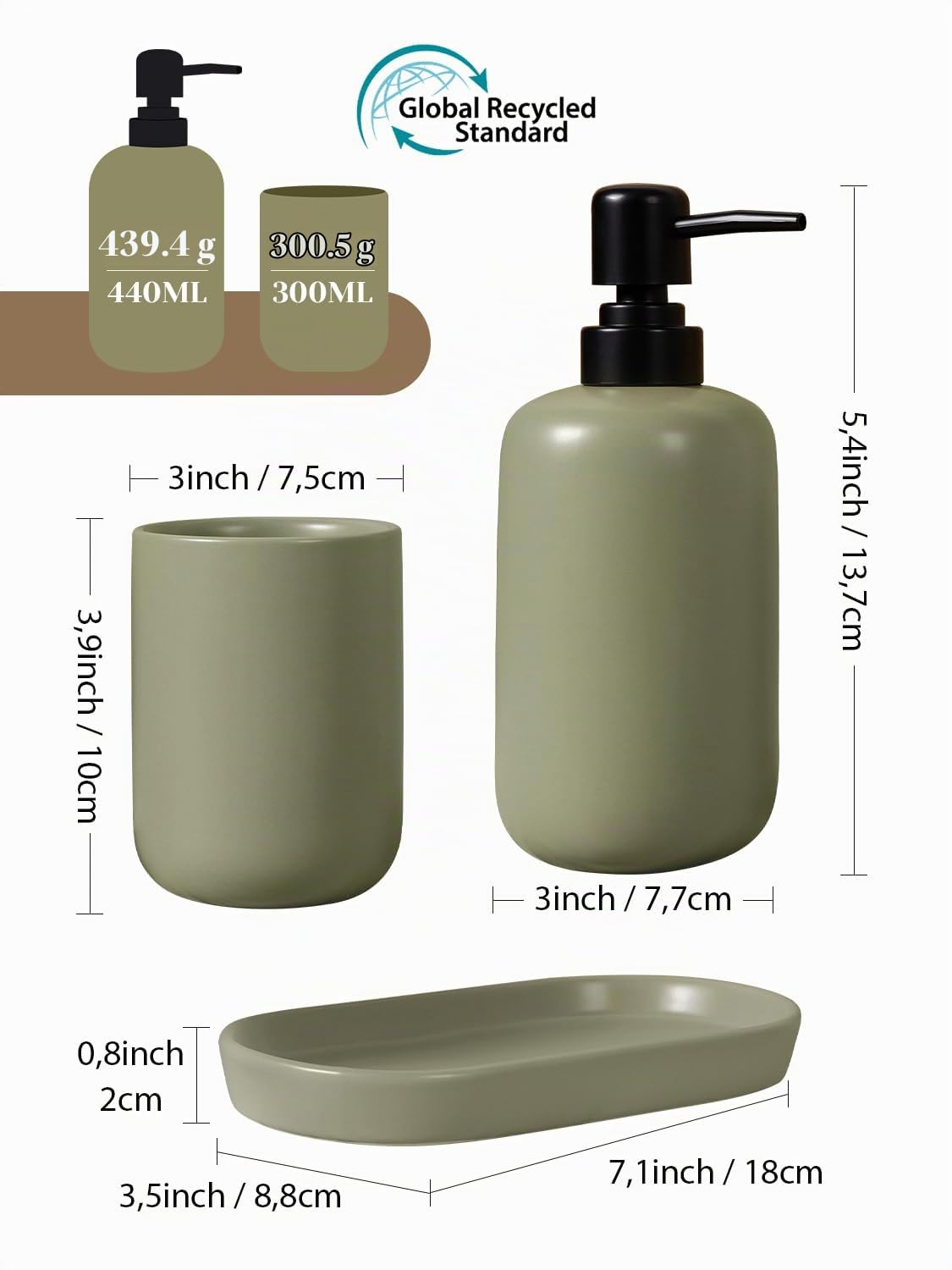 Badezimmer Zubehör Set Grün, 3-Teilig Keramik Bad Set Praktisch Bad Zubehör Set mit Schmal Seifenspender, Zahnputzbecher & Ablageschale für Bad, Waschbecken