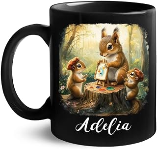 Personalized Mother Squirrel With Kids Mug, Squirrel Is Painting Black Coffee Cup, Customized Name Nature With Forest Scene Mug, Custom Artistic Ceramic Cup 11oz 15oz, Gift For Kids