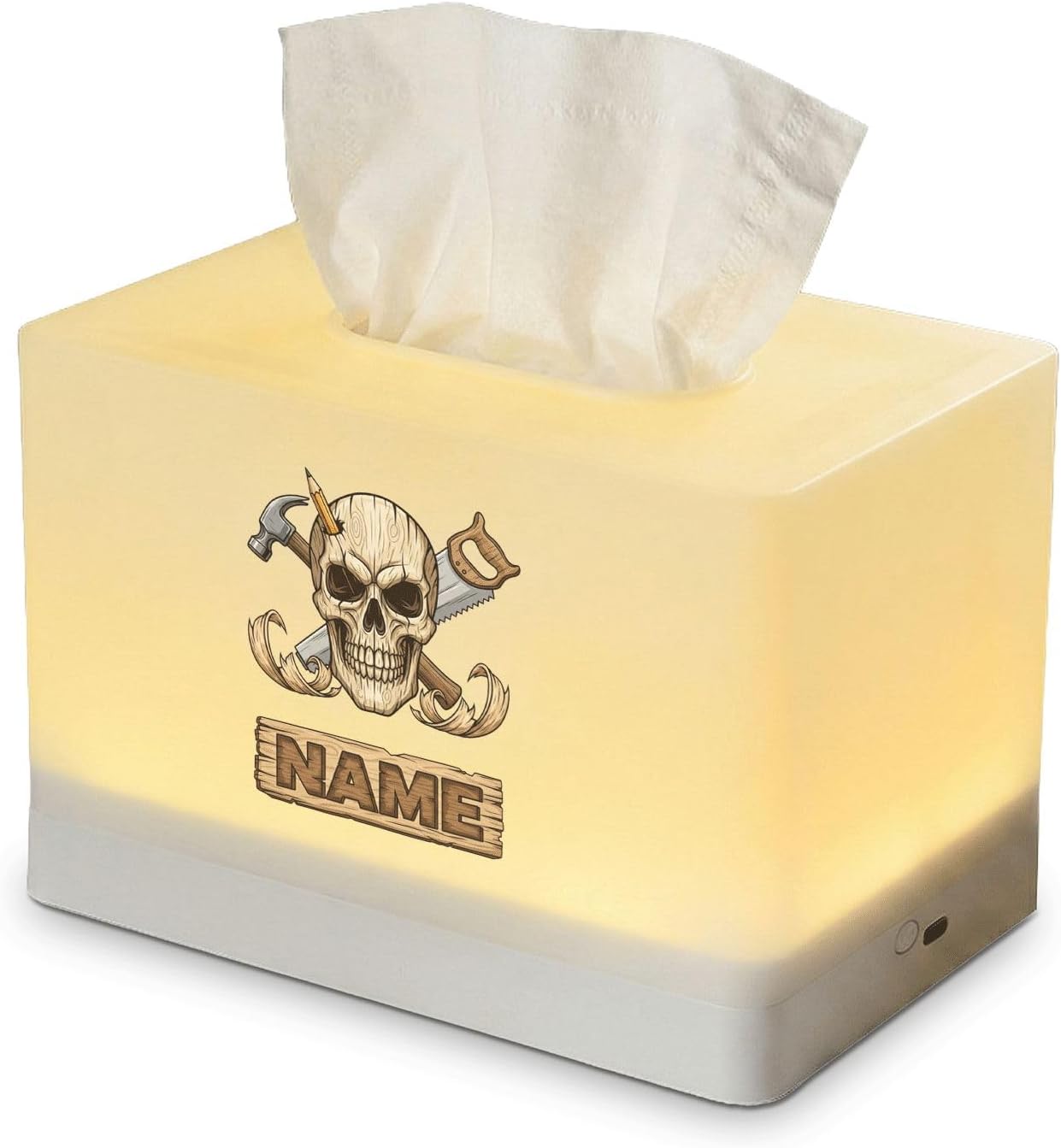 Personalized Carpenter Skull Tissue Box Cover with LED Night Light, Custom Name, Rechargeable Lamp for Bedroom Decor, Woodworker Tool Theme