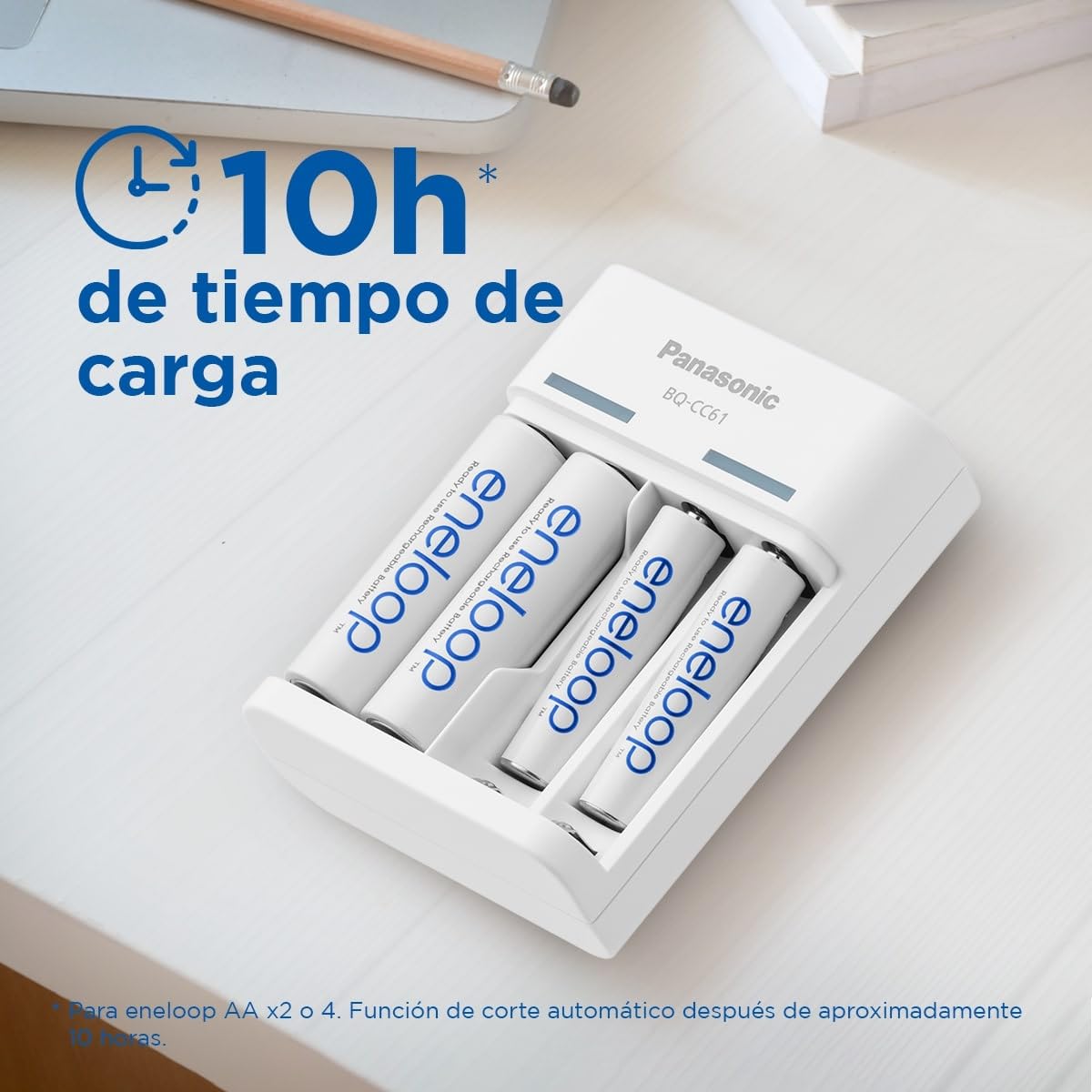 eneloop Basic Cargador USB, para 2 o 4 Pilas Recargables AA/AAA, 10h de Tiempo de Carga, 6 Funciones de Seguridad, 4 Pilas eneloop AA (2000 mAh) Incluidas