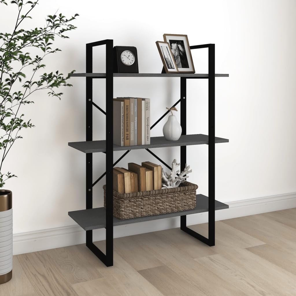Bücherregal Massivholz Kiefer Grau 80x30x105 cm, 3 Ablagen Standregal für Wohnzimmer, Dekoration und Bücher, industrielles Design, pflegeleicht mit feuchtem Tuch