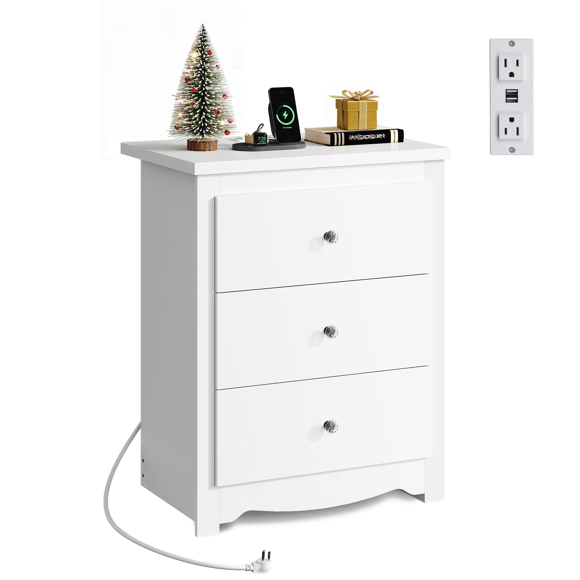 WLIVE Tall Nightstand with Charging Station, Wood Nightstand with 3 Drawers, White Side Tables Bedroom, Dorm, End Table with 2 USB Ports and 2 AC Outlets, Bedside Table