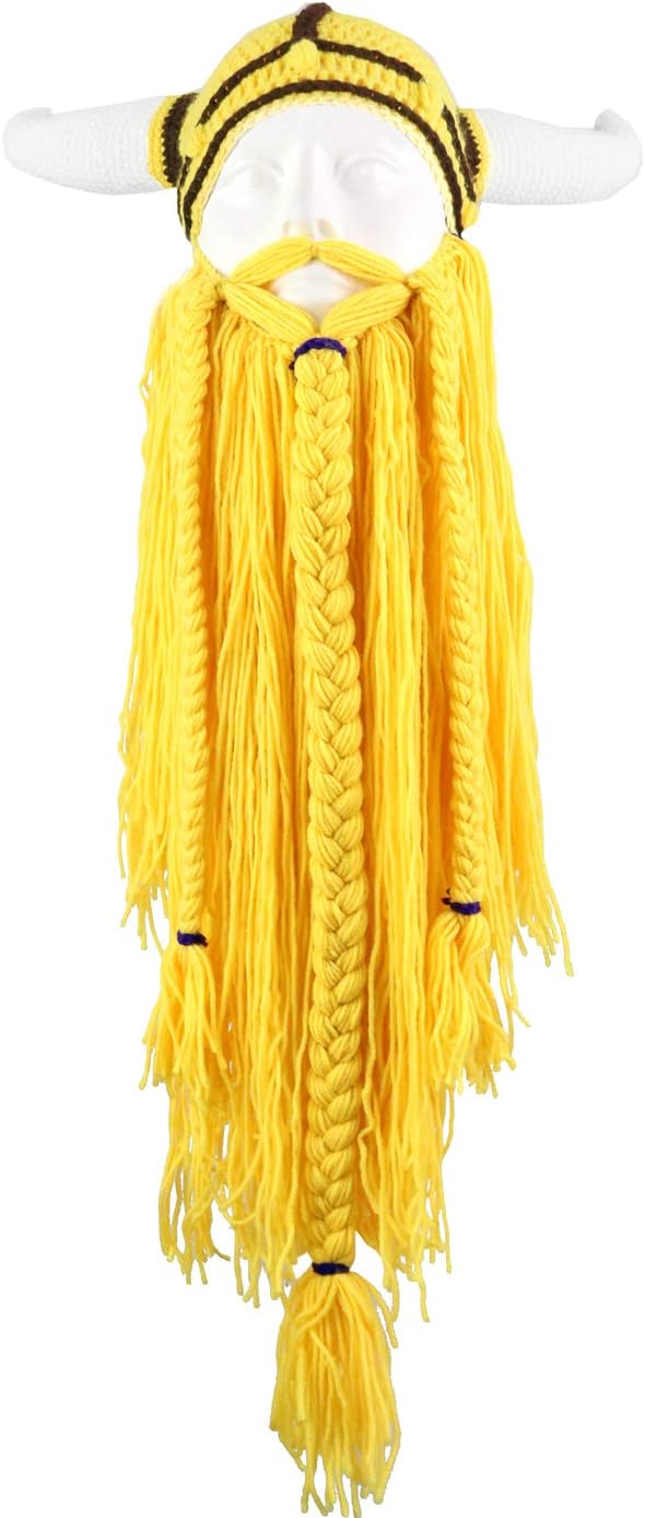 YEKEYI Big Horn Viking Hat Beanie Barba Viking Knit Hat Barbarian Funny Ski Cap Funny Halloween Hat Christmas Hat, Sombrero Amarillo Y Morado Para Barba, 7.125