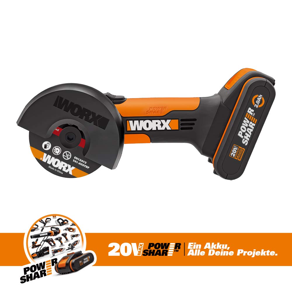 Smerigliatrice Angolare Professionale, 18V (20V MAX) WORX Mini Smerigliatrice Angolare 76mm 19500RPM, 1 Batteria da 2Ah, 3 Dischi da Taglio, 1 Disco Abrasivo, 1 Coperchio Protettivo, WX801