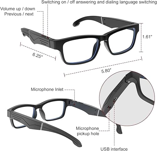 Miniatura 8 de TnoxHD Lentes inteligentes, gafas de sol Bluetooth con altavoces, control de un solo clic, juego de llamadas claras y lentes de luz anti-azul,