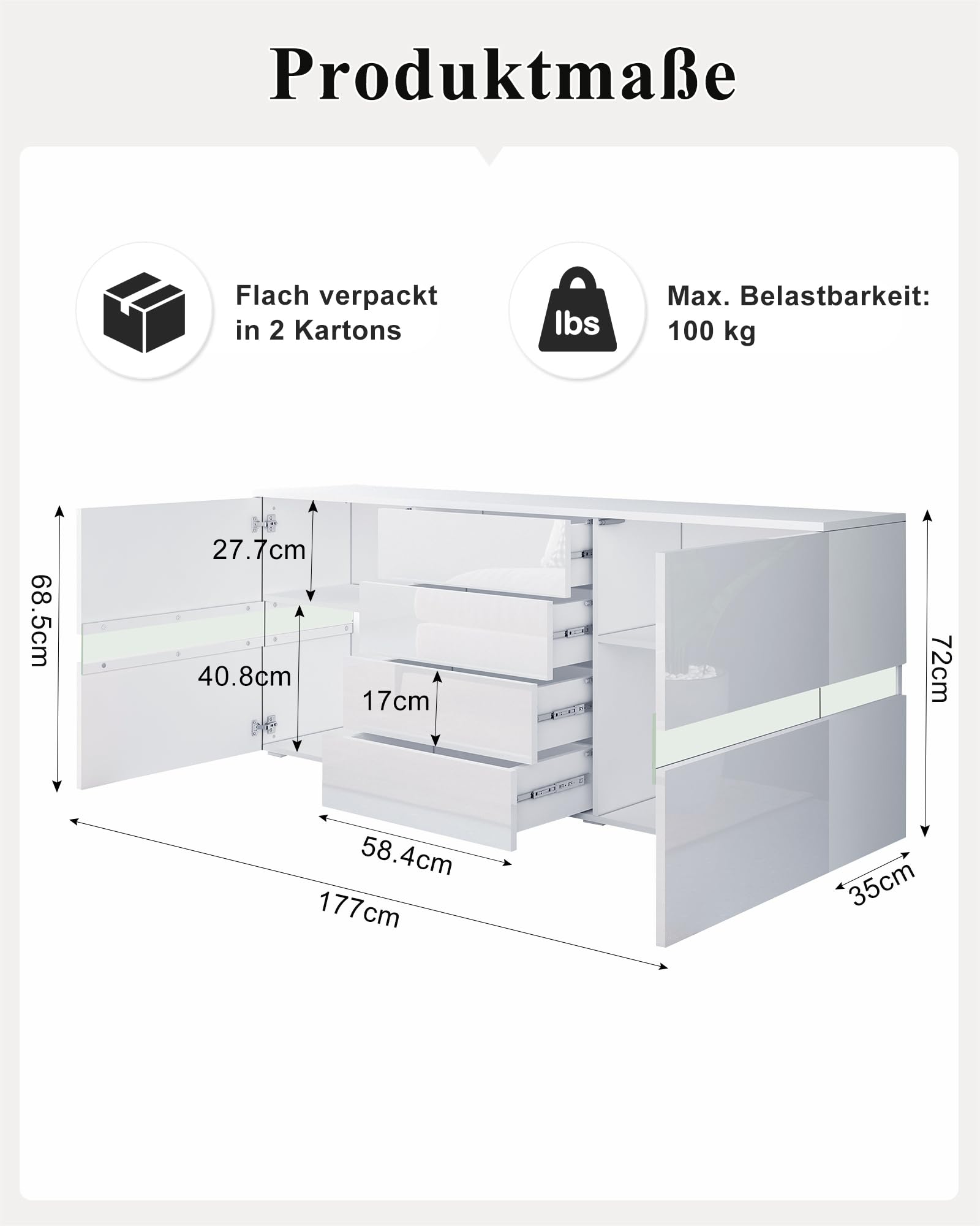 Anrichte Hochglanz Anrichte für Wohnzimmer Modernes Anrichte Schrank Vitrine mit LED Beleuchtung 2 Türen 4 Schubladen Wohnmöbel (Weiß)