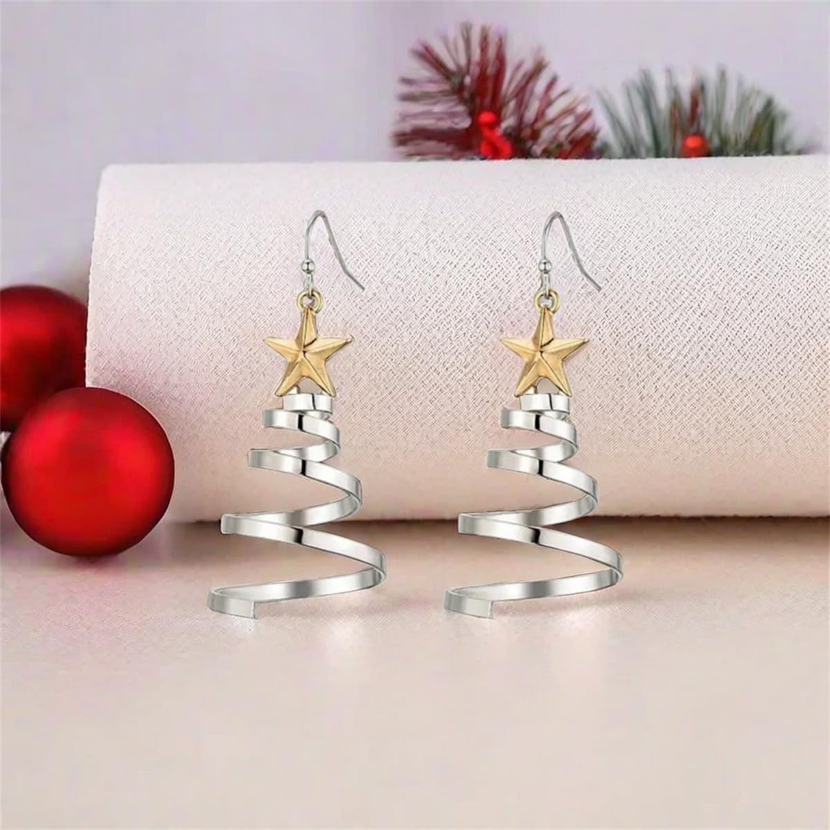 Christmas Tree Dangle Drop Earrings for Women Silver Gold-Toned Two Tones Star Dangling Fish Hook Stud Earring Fashion Lightweight Holiday Thanksgiving Xmas Jewelry - Image 5