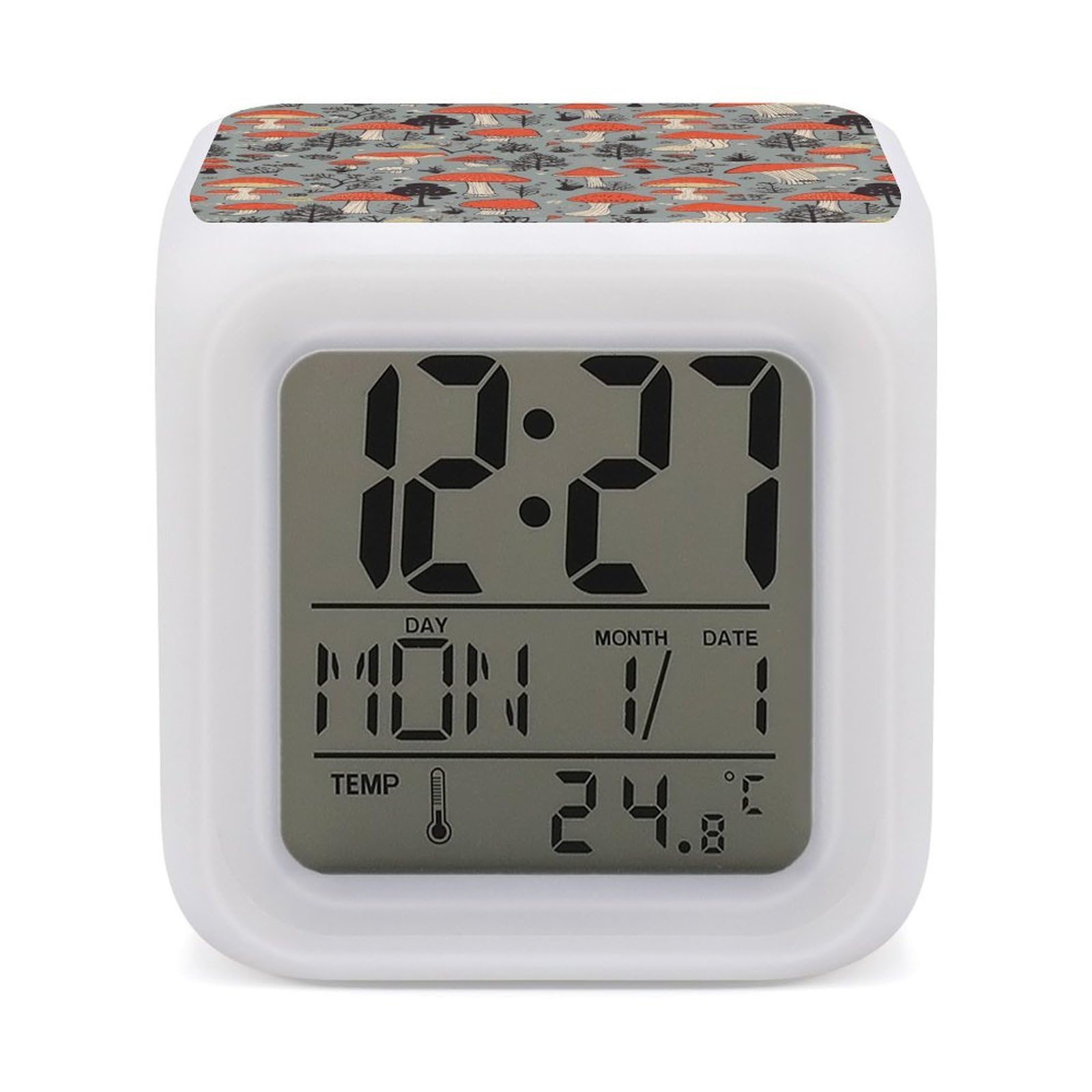 FekiLoot Mushroom2 Alarm Clock with 7 Color Changing Night Light,Battery Operated Digital Clocks with Temperature Display Tiny Electric Clock LED Sleep Timer for Room Decor