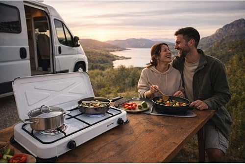 KEMPER - Plaque de cuisson gaz 2 feux portable 2600W Blanc Couvercle amovible - Réchaud Camping Connexion Bouteille de Gaz Butane/Propane simple & sécurisée - 2