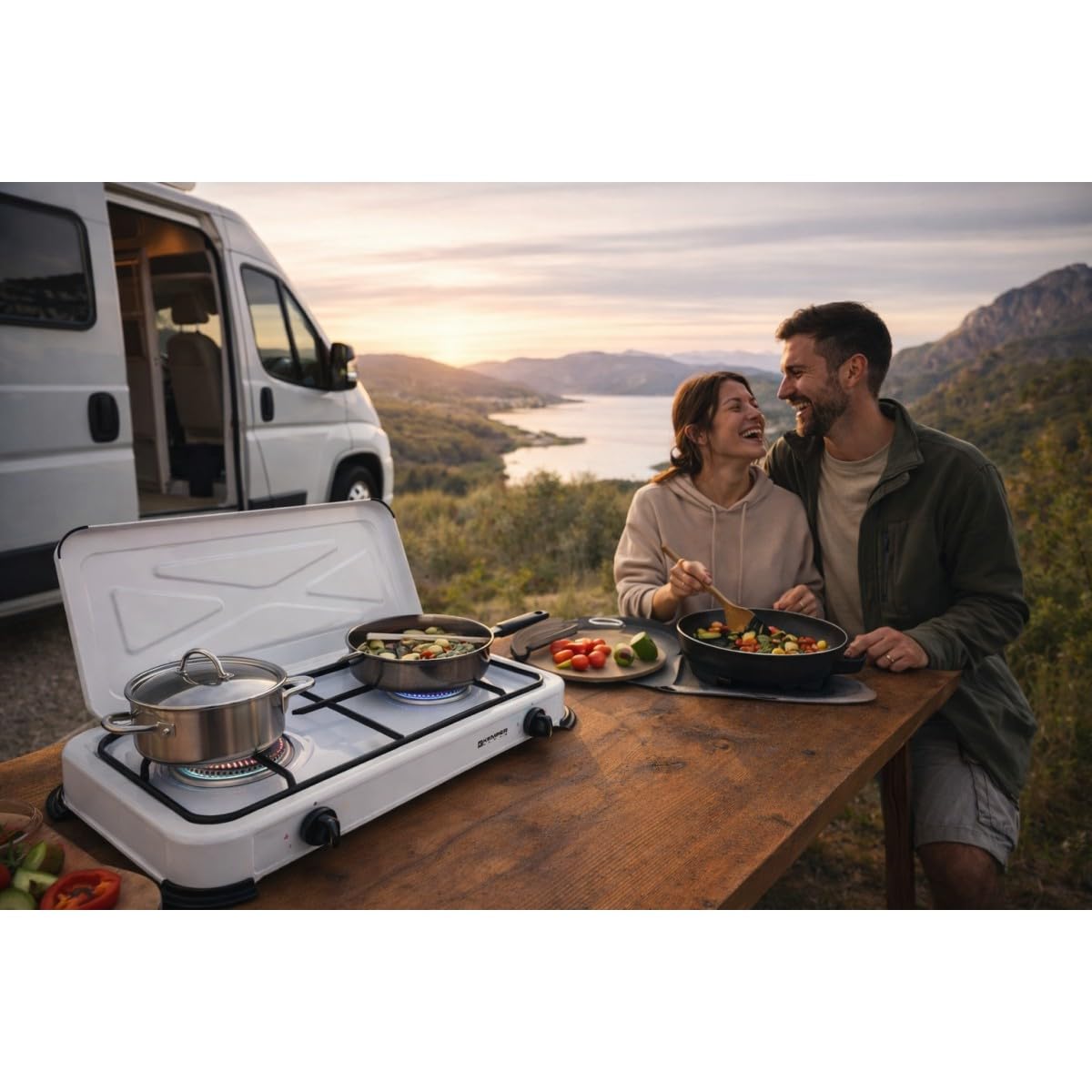 KEMPER - Plaque de cuisson gaz 2 feux portable 2600W Blanc Couvercle amovible - Réchaud Camping Connexion Bouteille de Gaz Butane/Propane simple & sécurisée