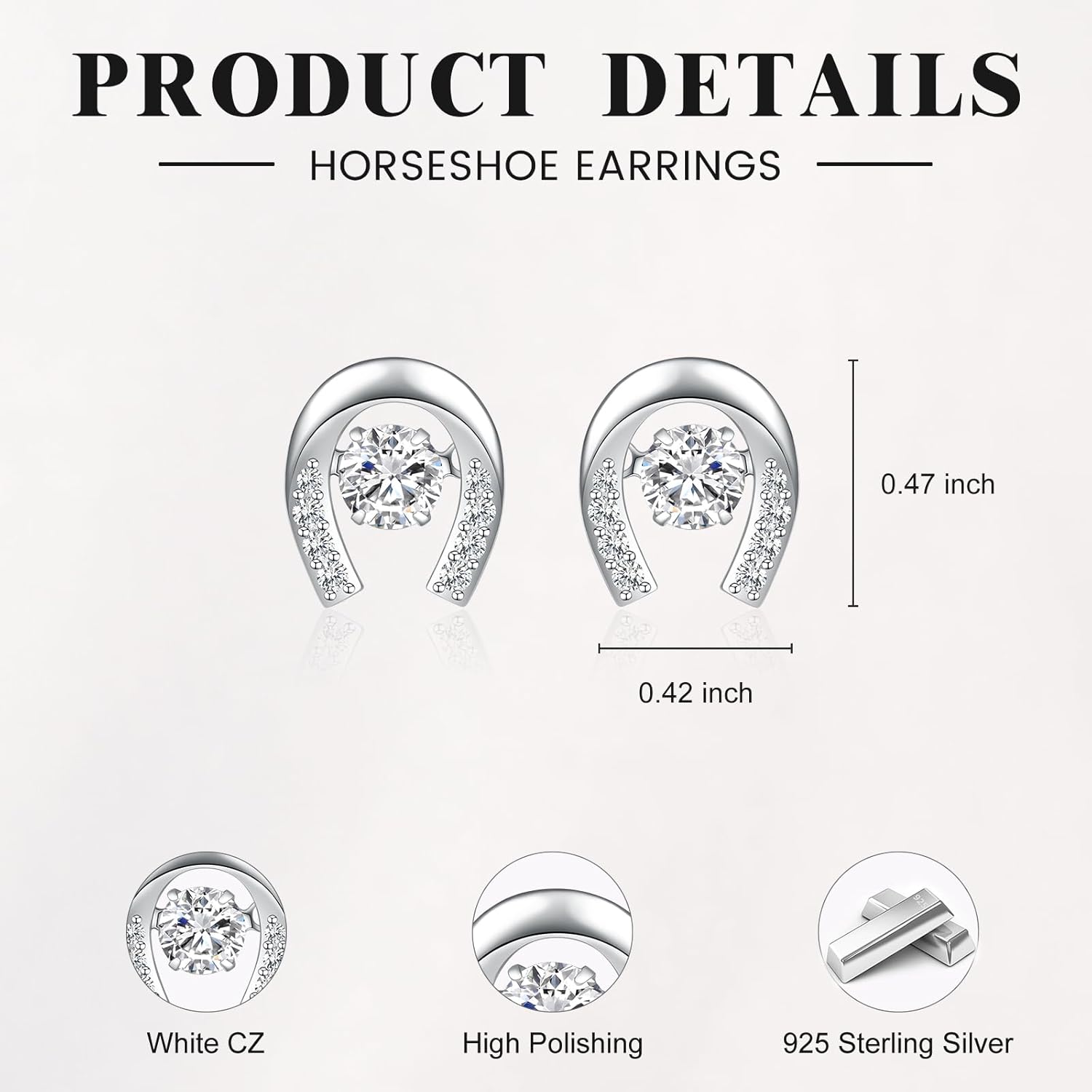 925 Sterling Silver Horseshoe Earrings, Cute U with CZ Studs Earring Jewelry for Women