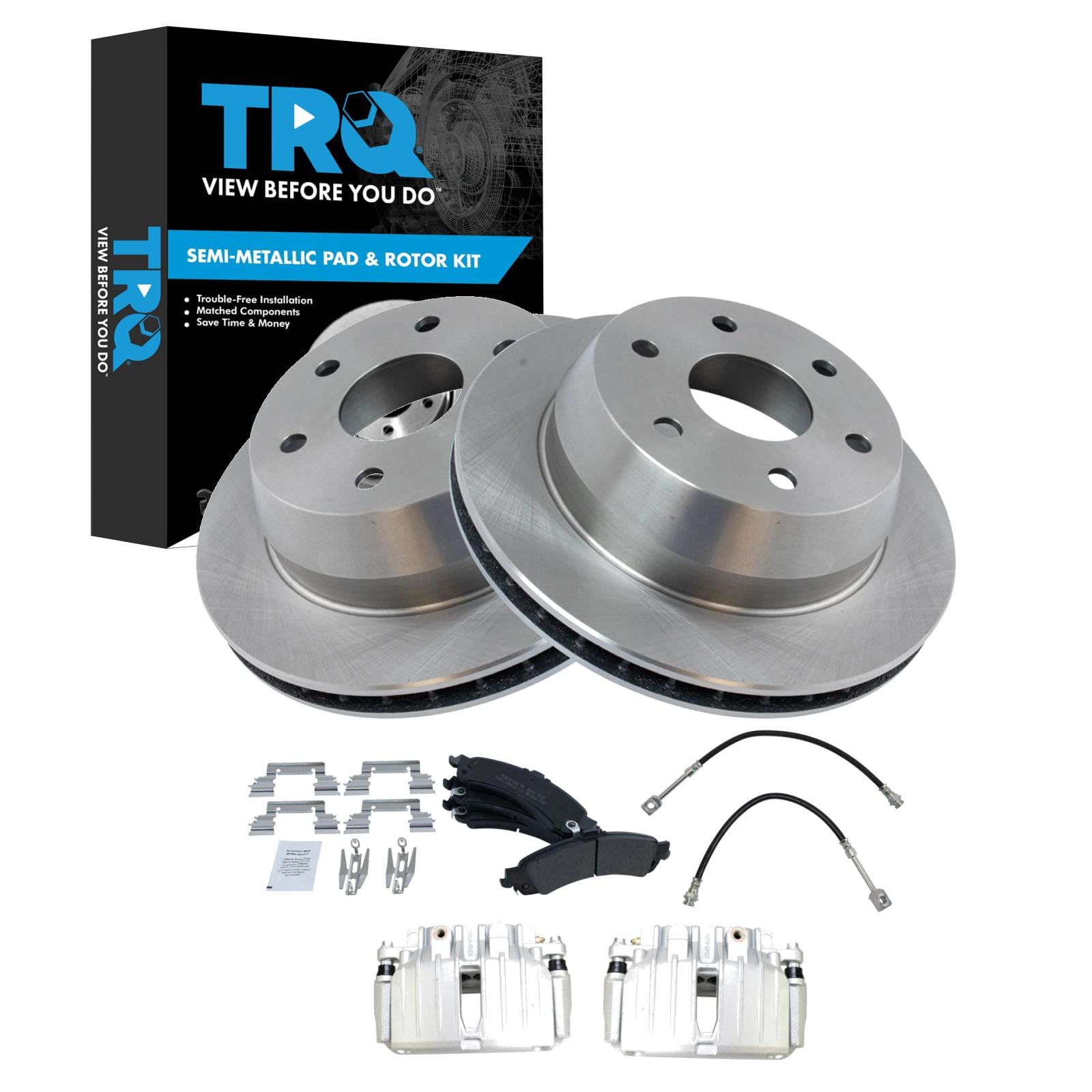 TRQ Rear Brake Pad &amp; Rotor Kit Semi-Metallic Compatible with 2003-2005 Chevrolet Silverado 1500 2004-2005 GMC Sierra 1500
