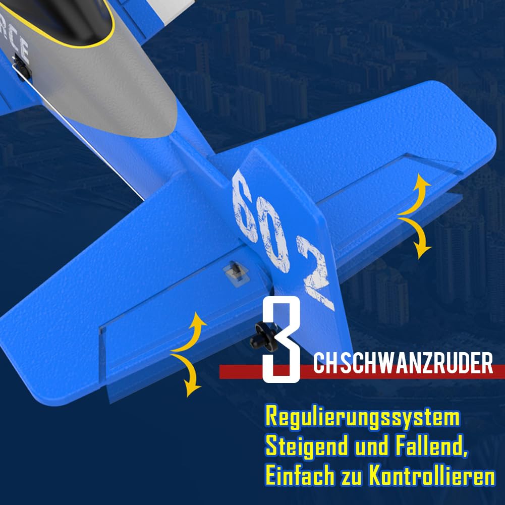 Fremego RC Flugzeug RTF,P51 3 Kanal Ferngesteuertes Flugzeug für Anfänger | 2,4GHz P-51D Mustang Kampf Flugzeugs mit 6-Achsen-Gyro-Stabilisator&2 Batterien für Erwachsene