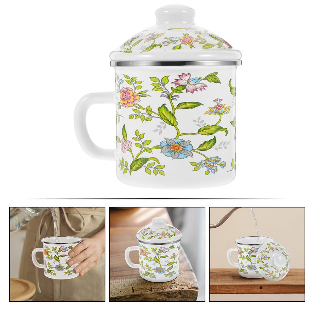 Healeved Emaillebecher aus Dickem Langlebigem Material 1250 Ml Fassungsvermögen Vintage Trinkbecher für Kaffee Tee und Wasser Hitzebeständig mit Praktischem Griff für Zuhause und Büro