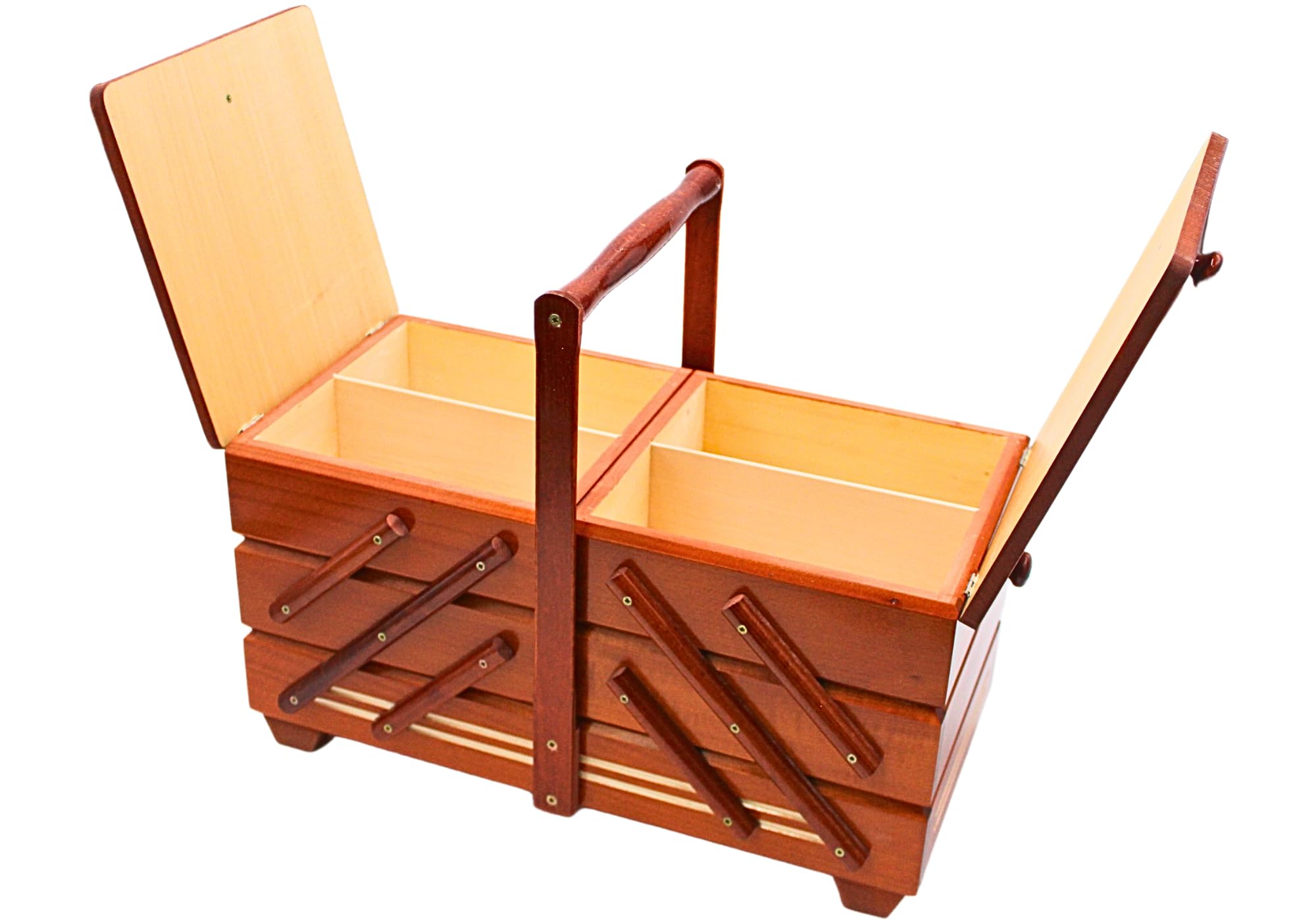 Wysokiej jakości skrzynka na szycie, skrzynka na przybory do szycia z drewna fornirowanego z 7 przegródkami w kolorze mahoniowym, dł./szer./wys. 42 x 20 x 21 cm