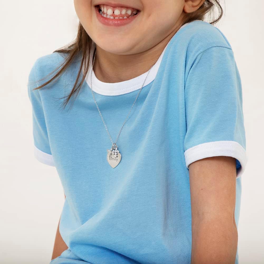 925 Sterling Silver Personalized Heart Necklace for Young Girls with Clear Cubic Zirconia Guardian Angel & Cross Pendant - Engravable Shiny CZ Heart Shape Name Tag ID Necklaces for Children & Teens