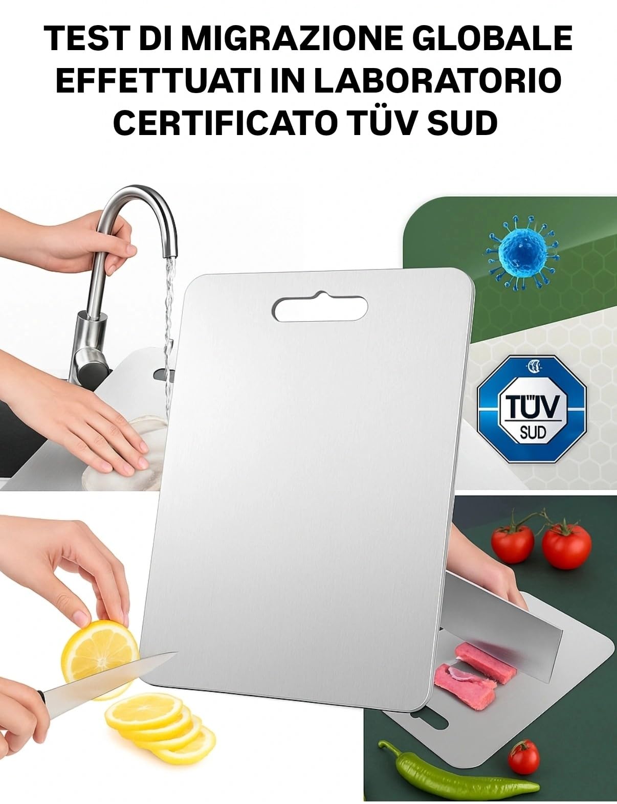 Tagliere in Acciaio Inox Alimentare 304 Certificato Per Cucina, Tagliere acciaio inox Igienico e Antibatterico, Superficie Alimentare Facile da Pulire, Resistente Antigraffio e Antiodore