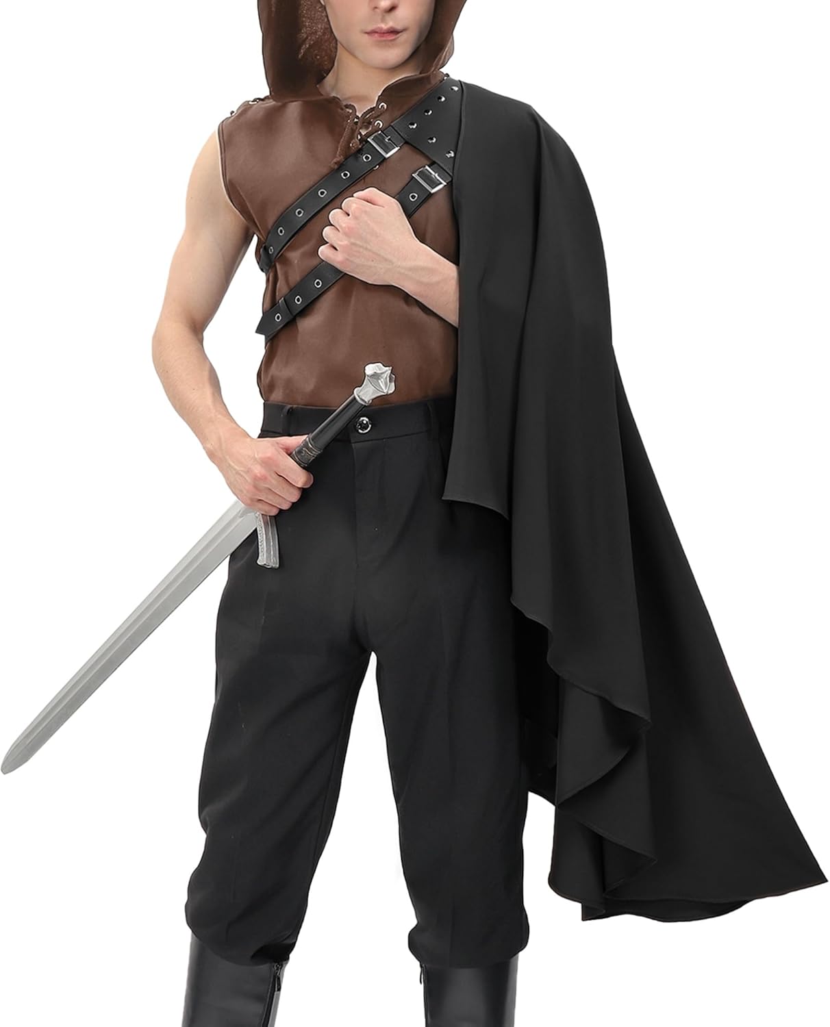 DAZCOS Renaissance Half Shoulder Cape Medieval Steampunk Shawl with Belt for Men Women LARP Costume for Halloween