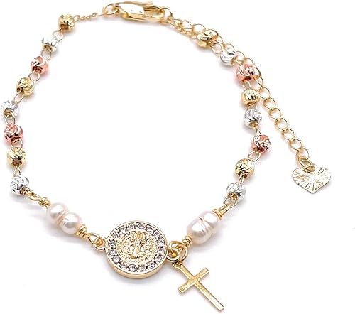 Saint Benedict Bracelet, Cross Bracelet, Saint Benedict bracelet Pearls, San Benito Protection Bracelet, Catholic Bracelets for Women, St Benedict