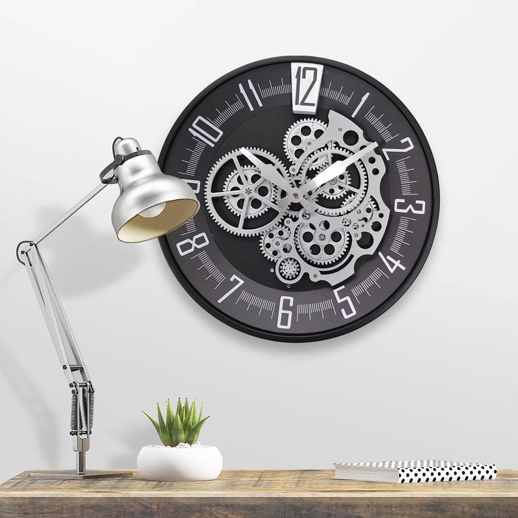 Wall Clock, Non-Ticking Industrial Vintage Moving Gear Battery Operated Antique Steampunk Decor Metal Clock for Living Room, Farmhouse, Home Kitchen, Silver, 16 Inch