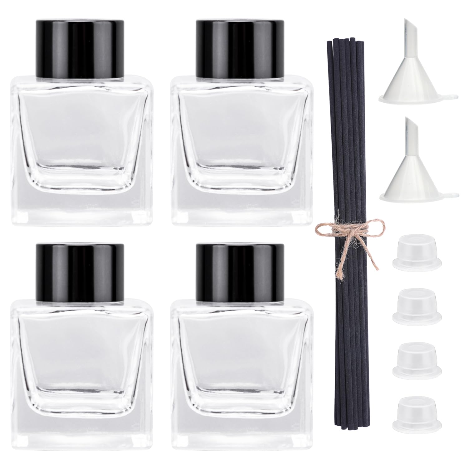Agidea 4PCS Refillable Fragrance Glass Diffuser Bottles with 20pcs Reeds Sticks & Black Caps & Funnel, Diffuser Jars for Home Oil Fragrance Decoration Girl Women Gift (50ML)