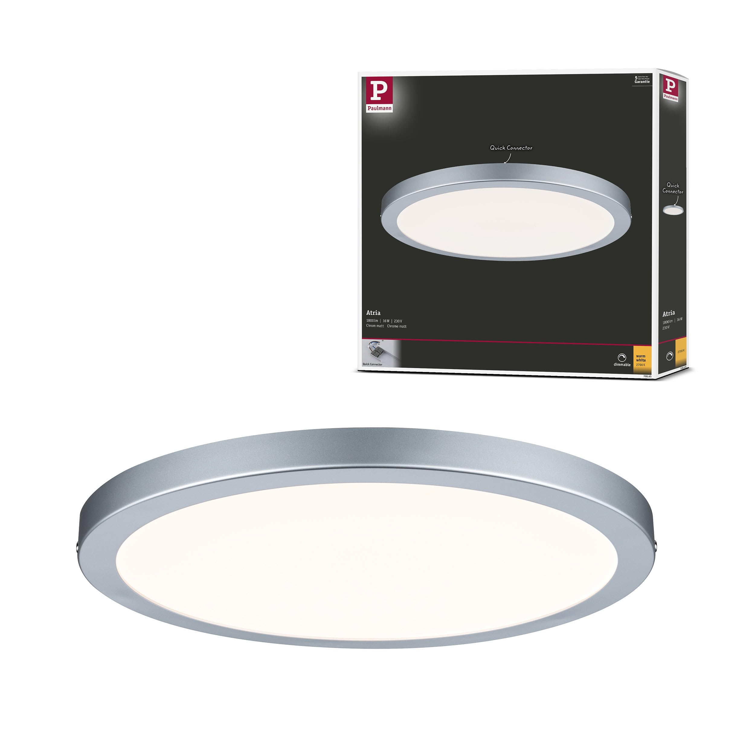 Paulmann 70865 Panel de superficie LED Atria redondo plafón 22 W luz 2700 K blanco cálido panel LED cromo mate regulable para montaje en pared/techo