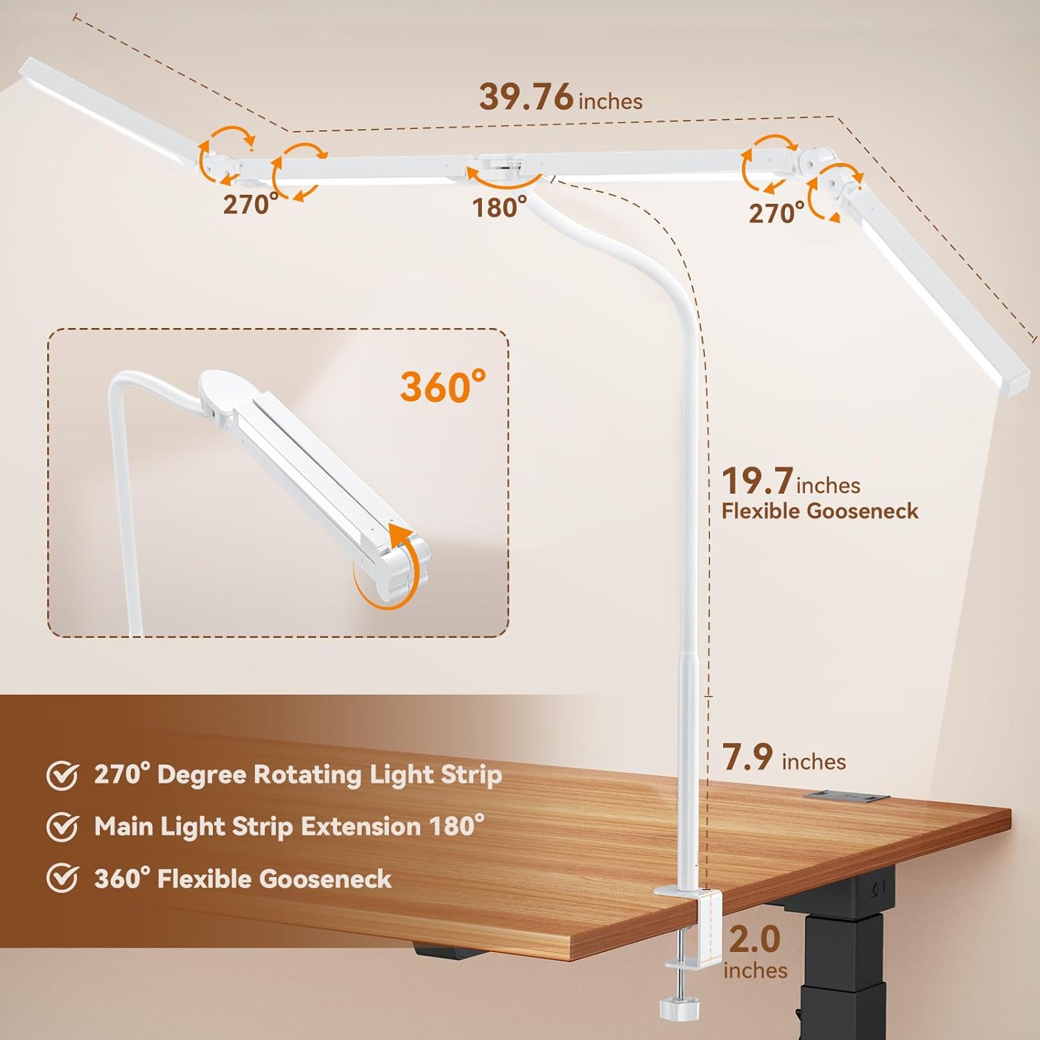 Pzloz Led Desk Lamp with Clamp: Architect Desk Lamp for Home Office, Eye Caring Double Head Computer Monitor Work Desk Light with Remote Control - 24W Flexible Dimmable Desktop Table Lamp White