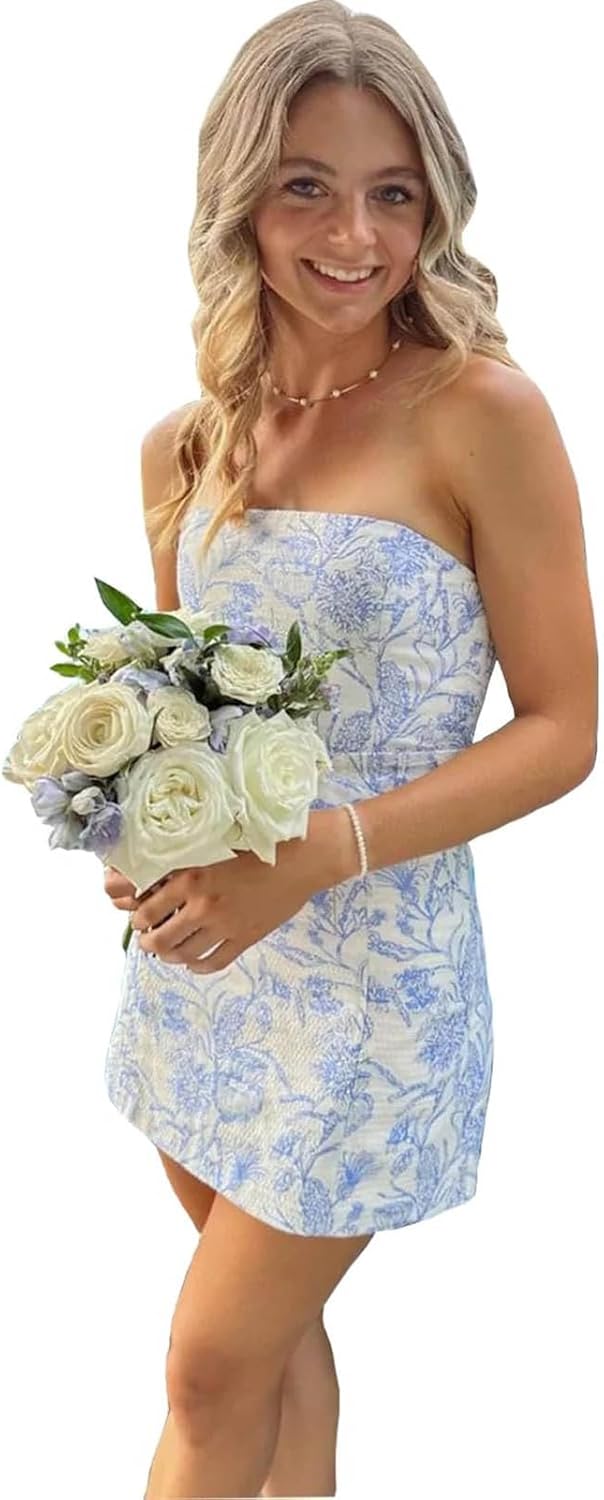 POMUYOO Strapless Homecoming Dresses for Teens Short Floral Satin Cocktail Party Dress with Pockets Formal Tight Blue Size 2