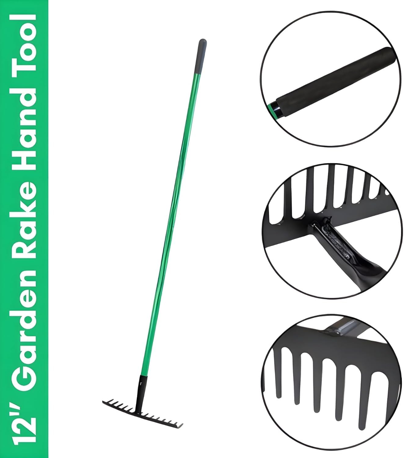 Carbon Steel Garden Rake Heavy Duty Metal Leaf Rake for Lawn, Soil, Gravel & Garden Beds, Strong Wide Head Rake for Levelling, Weeding & Debris Collecting, Long Handle Yard Tool - 5