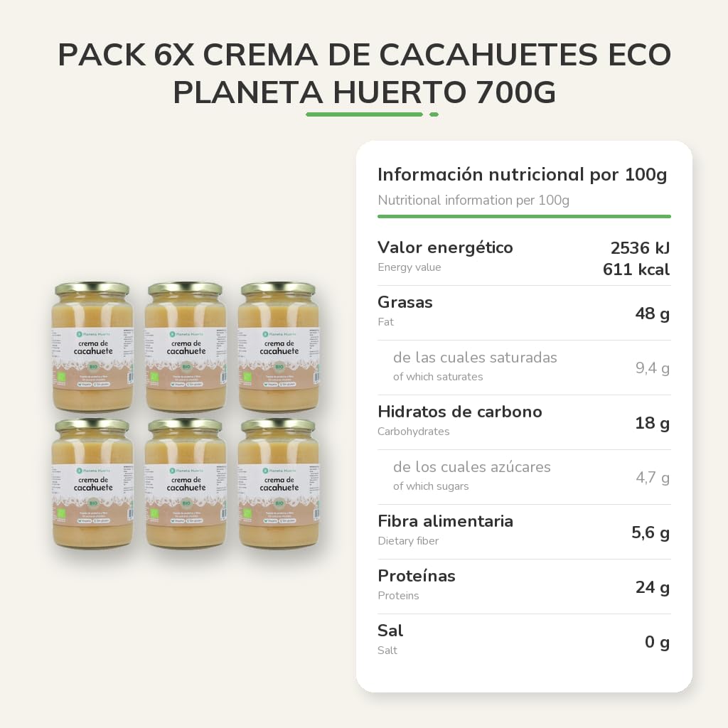 PLANETA HUERTO | Pack 6x Crema de Cacahuetes ECO 700g