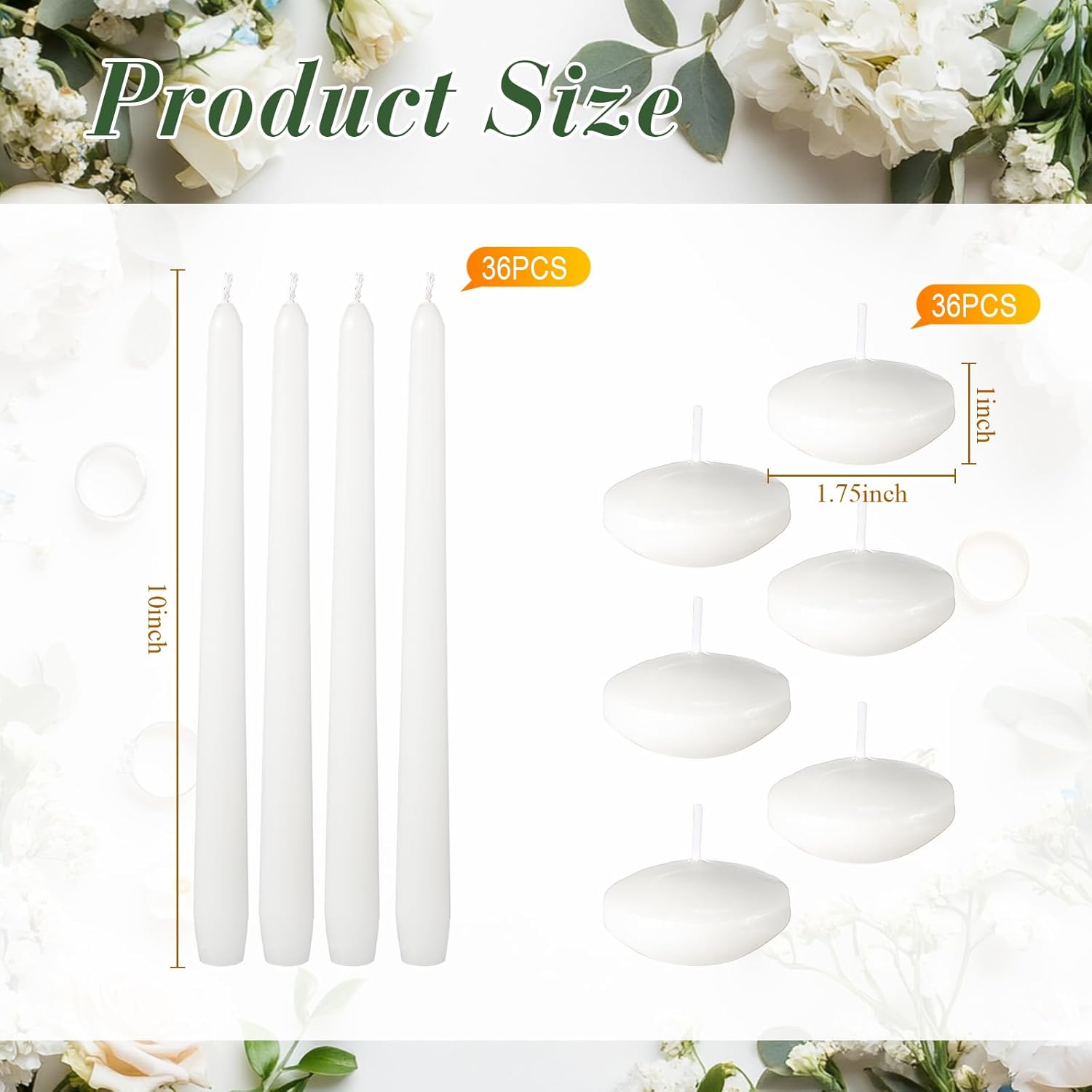 MTLEE 72 Pcs White Taper Candles and Floating Candles Set Wedding Candles Decor Dining Table Centerpiece Decorative Candles Dripless Wax Burning Unscented Candle Set for Wedding Christmas Decor