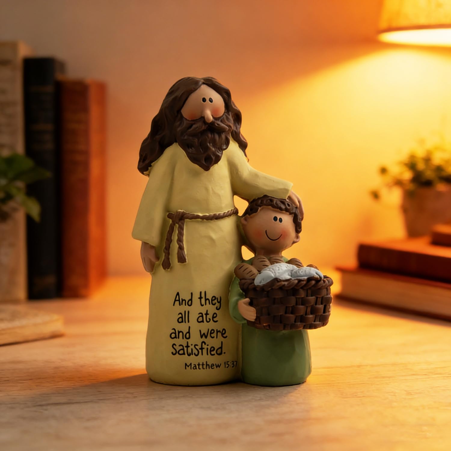 DurableDelights 4.13'' Jesus and Boy Figurine with Bible Verse β Resin Christian Home Decoration, βAnd They All Ate and Were Satisfiedβ Religious Decorative Statue for Shelf or Table