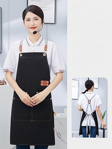 Miniatura 2 de Delantal de chef de lona con espalda cruzada para hombres y mujeres con correas ajustables y bolsillos grandes, delantal de lona, Negro