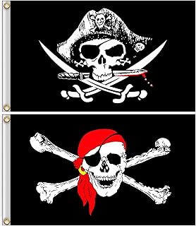 1 Pcs Jolly Roger Flag and 1 Pcs Red Pirate Skull Flag Halloween Treasure Hunt Banner Table Cover Party Decorations - Canvas Header and Double Stitched - Pirate Flags with Brass Grommets 2X3 Ft