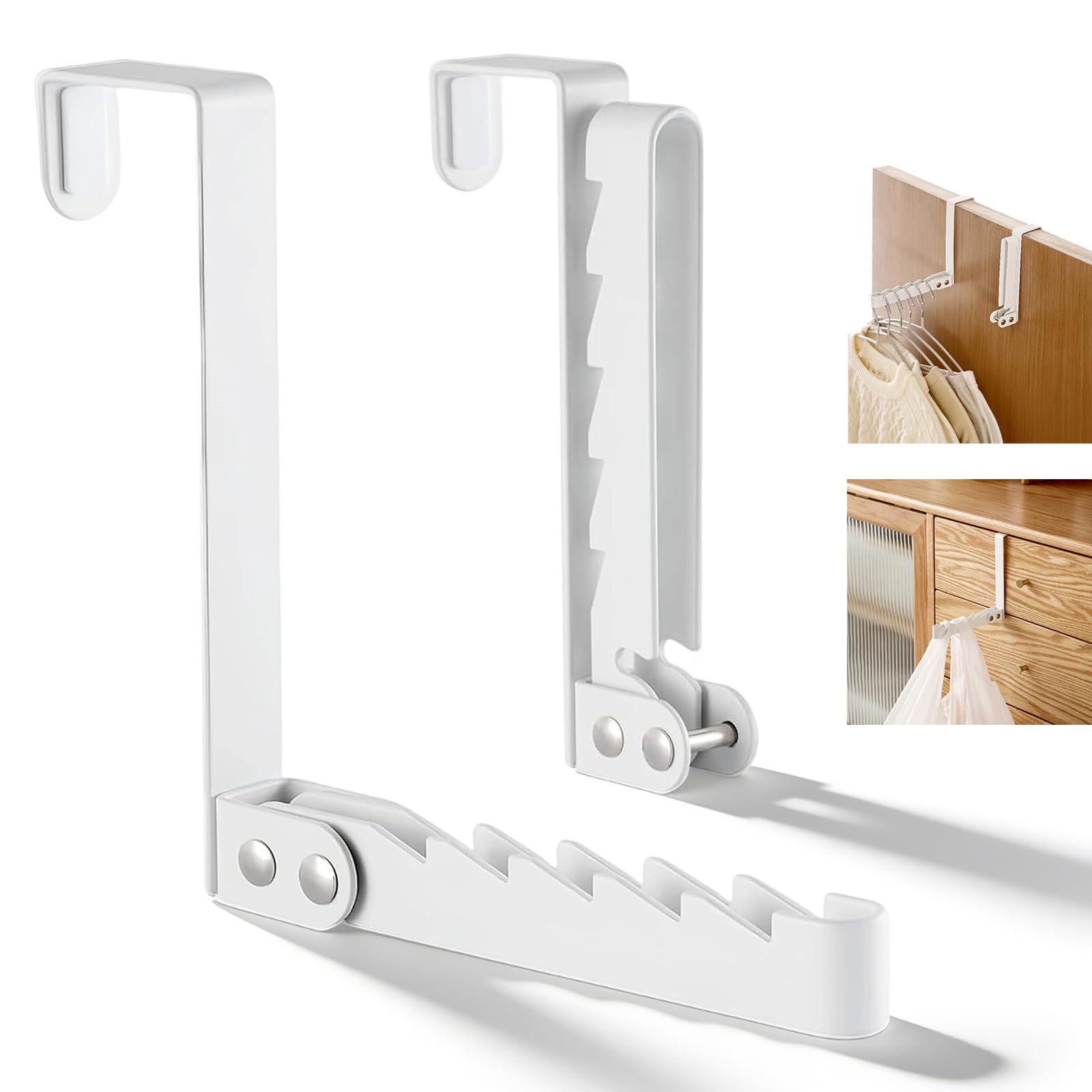 JSUOEO Over Door Clothes Drying Rack, 2 PCS Foldable Metal Hanging Coat Rack Portable Travel Clothing Hangers with 5 Grooves for Coat Jackets (White)