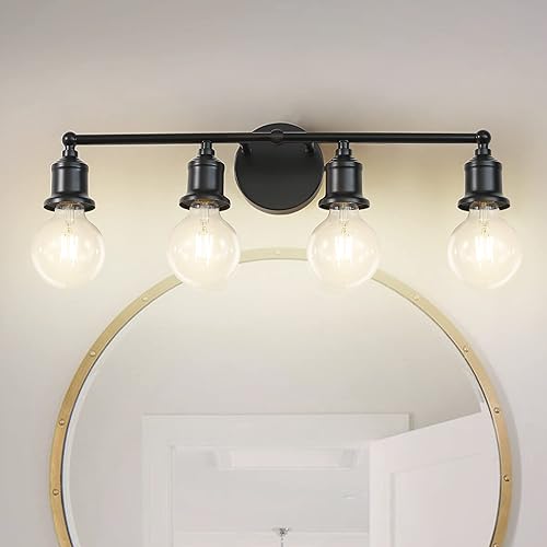 Lámpara de tocador de 4 luces, aplique industrial de pared negra, lámpara de pared de baño de granja, lámpara de pared con base E26 vintage