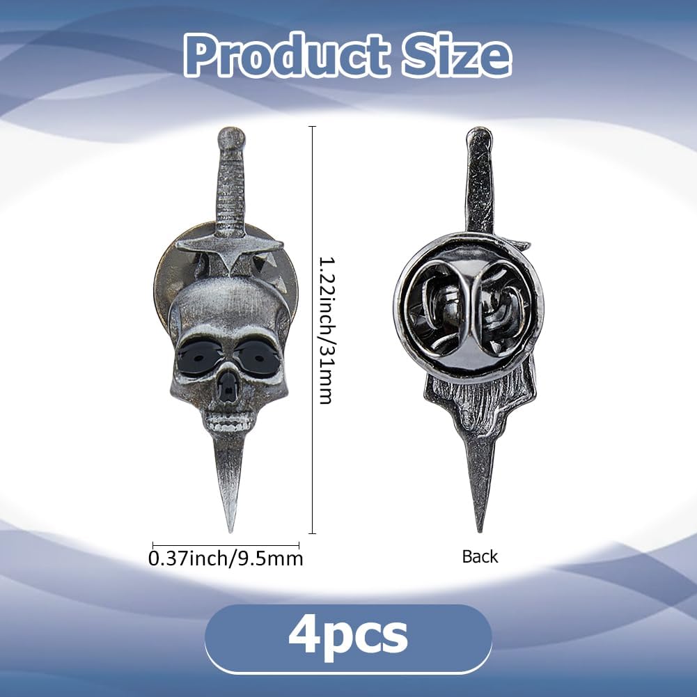 SUPERFINDINGS 4Pcs Gothic Skull Brooch Vintage Gothic Skull Daggers Badge Pin Punk Style Skull Brooch Alloy Skull Pins Skeleton Breastpin Halloween Costume Decor for Men Woman Hat Coat - Image 2