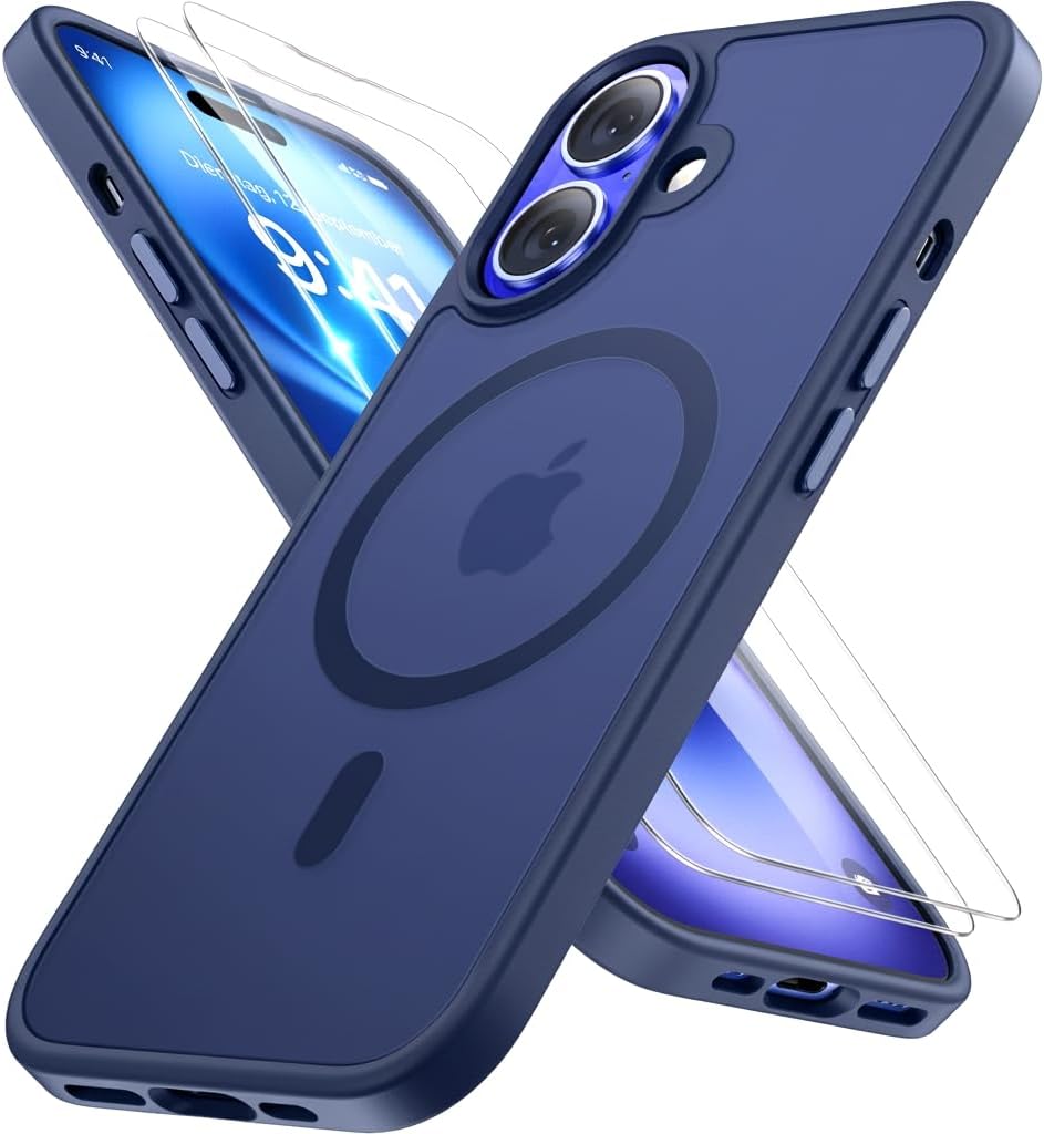 Miracase iPhone 16 Hülle mit Panzerglas in Tief-Blau