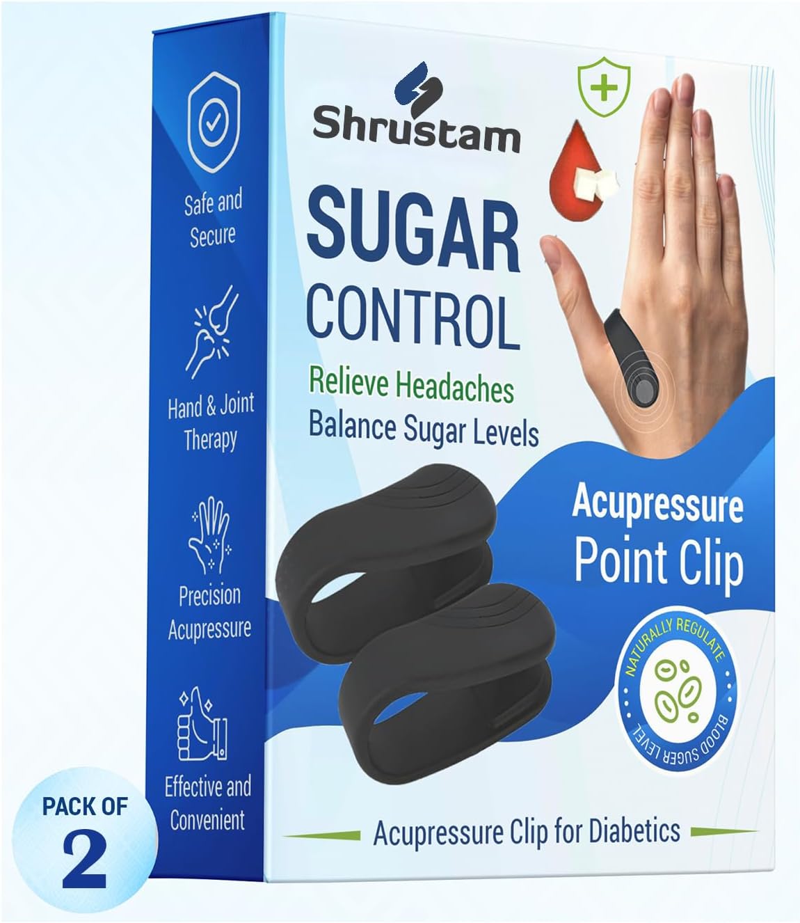 Sugar Control LI4 Acupressure Point Clip | Headache, Migraine &Tension Relief | Light Weight Handheld Massager Pack of 2, Black