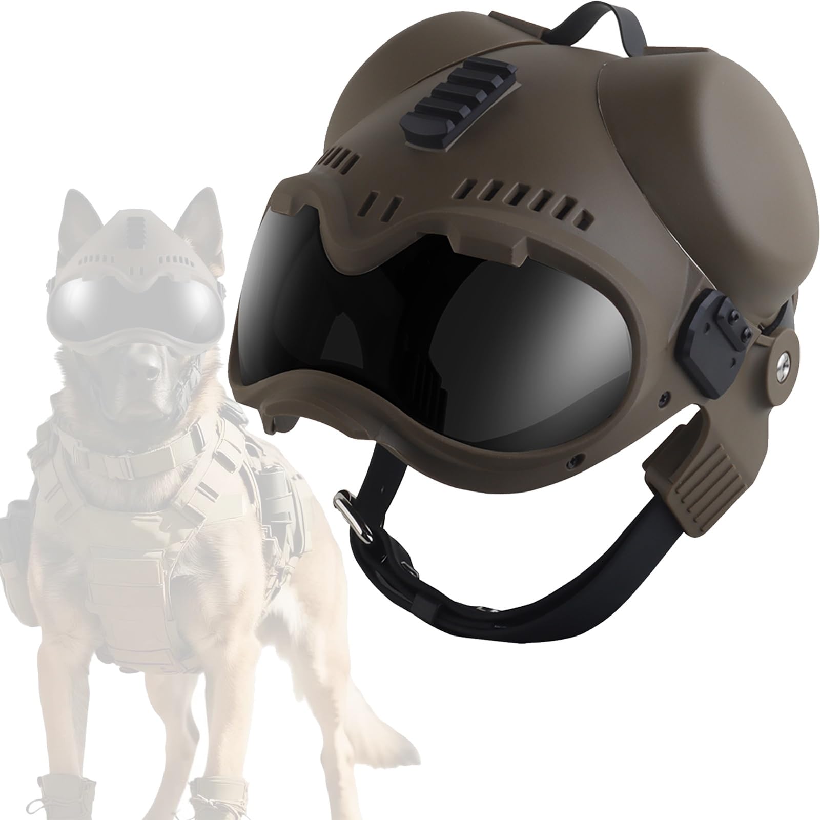 Tactical Dog Helmet with Goggles, Windproof and Impact-Resistant Head Protection for Small Medium Dogs, Adjustable Strap for Outdoor Riding, Hiking and Adventures(Brown)