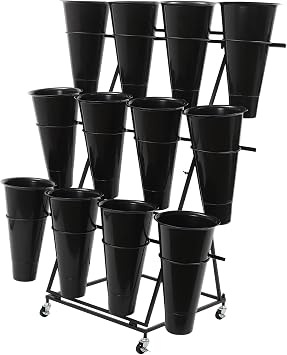 3 Tier Flower Display Stand with 12 Buckets Flower Cart Display Stand with Wheels, Floral Flower Bucket Stand Indoor Outdoor Plant Flower Stand Holder Organizer for Patio Balcony Garden, Black