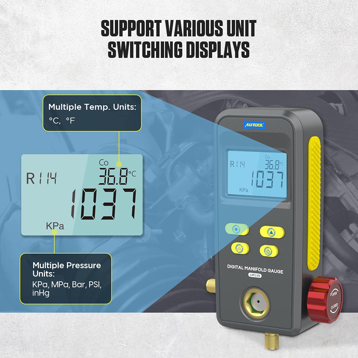 AUTOOL LM110 display showing multiple temperature and pressure units