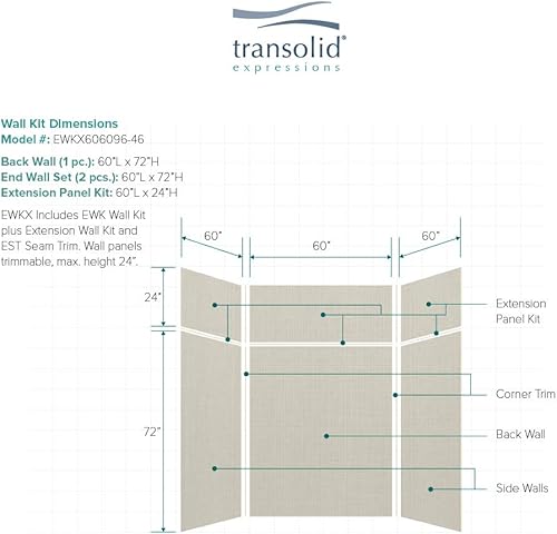 Miniatura 95 de Transolid EWKX483696-41 Expressions - Kit de pared de ducha de 6 paneles con extensión, 36 pulgadas de largo x 48 pulgadas de ancho x 96 pulgadas