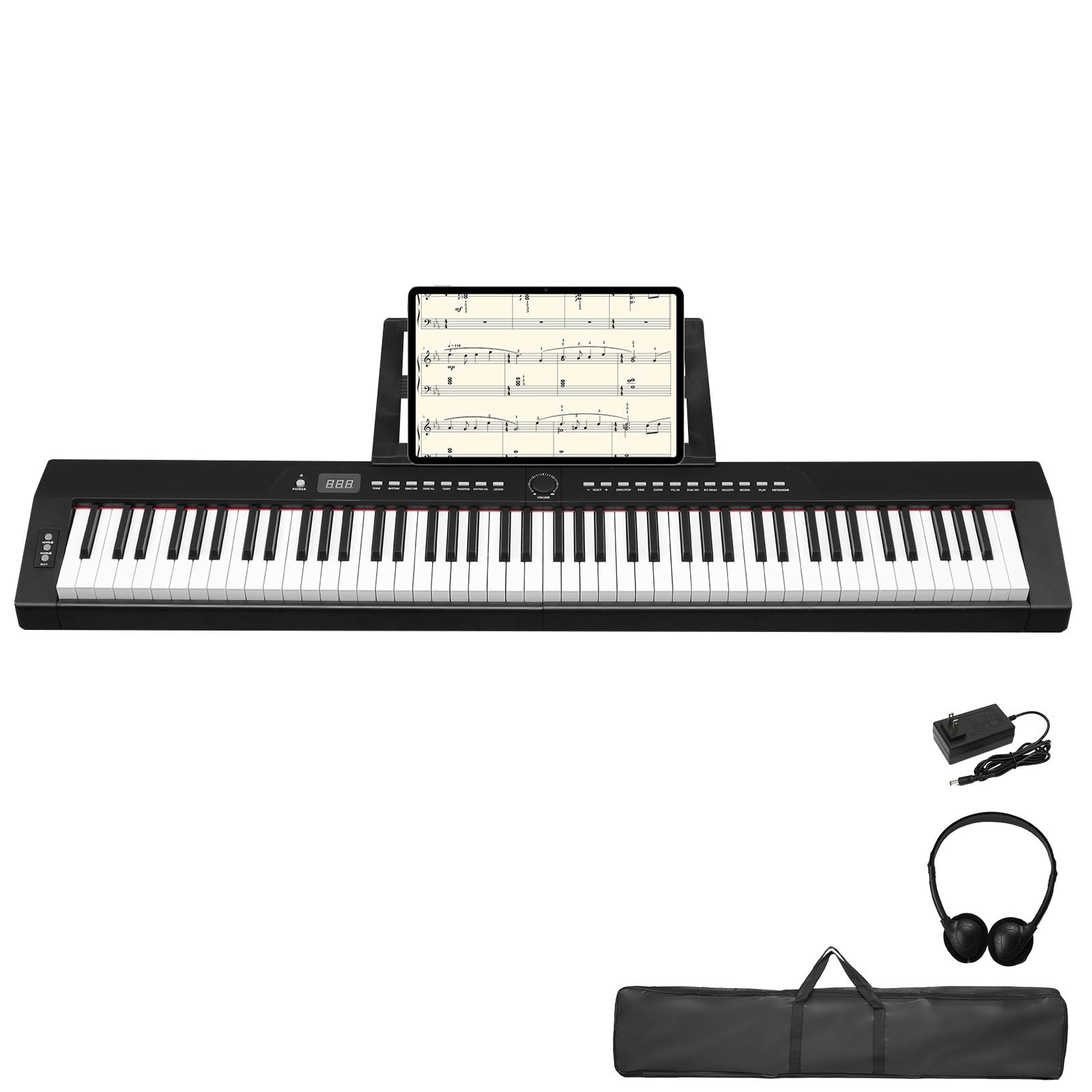 LALAHO E-Piano 88 tasti semi-ponderati, pianoforte digitale per principianti, tastiera Full Size con supporto a X doppio tubo, pedale di supporto, supporto per spartiti, cuffie, Bluetooth MIDI, nero